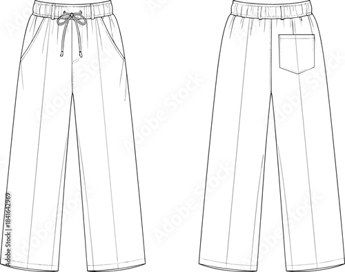 Wide leg drawstring pants technical flat sketch with elastic waistband, side pockets, and back patch pocket detailed CAD fashion illustration template
