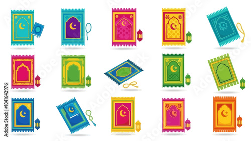 Collection of vibrant Islamic prayer rugs with traditional designs and lanterns.