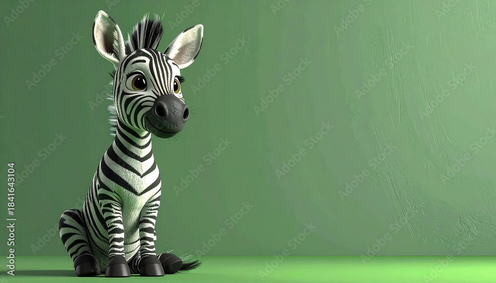 Naklejka premium niedliches Zebra sitzt vor einem grünen Hintergrund mit Platz für eigenen Text