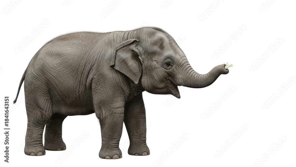 Obraz premium Young Asian Elephant Standing and Lifting Trunk, Isolated Animal Shot isolated PNG with Transparent Background