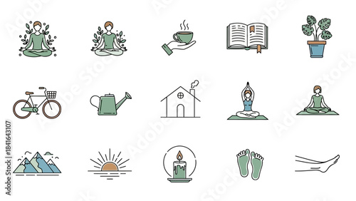 Minimalist lifestyle icons conveying peace relaxation and self care practices for daily wellness