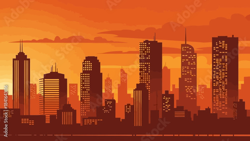 Vibrant city skyline silhouette against a warm gradient sky showcasing urban architecture