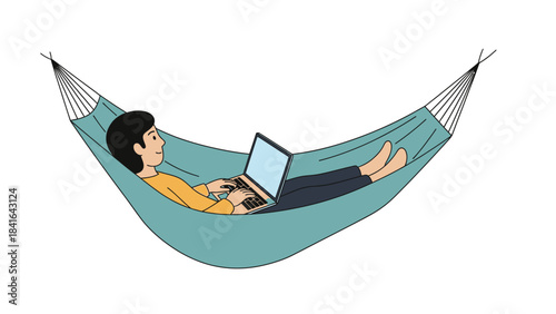A modern illustration of a relaxed professional working remotely from a hammock setup