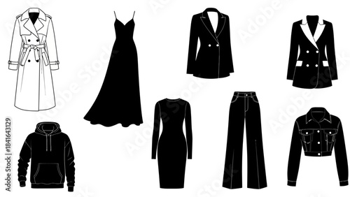 Elegant array of fashion apparel illustrations showcasing diverse styles for contemporary wardrobe