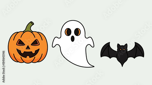Festive Halloween trio featuring a grinning pumpkin, whimsical ghost, and ominous bat silhouettes