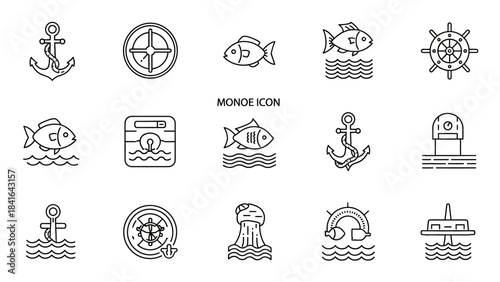 Set of minimalist line art marine icons showcasing nautical and maritime themes for designs