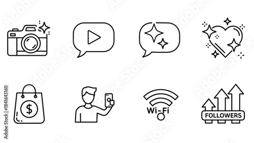 Modern line art depicting icons of social media engagement and digital commerce