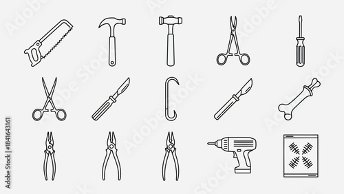 Outline illustration displaying carpentry and surgical equipment for construction and repair works