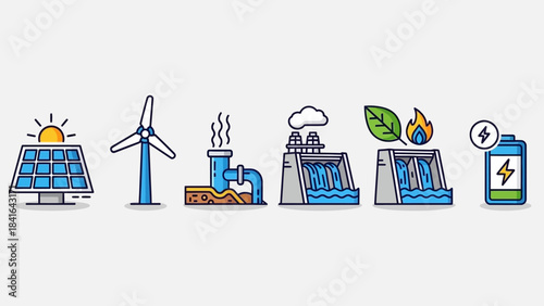 Diverse energy sources showcase solar wind geothermal hydroelectric bioenergy and storage