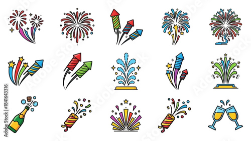 Colorful fireworks and celebration icons set for festive occasions.