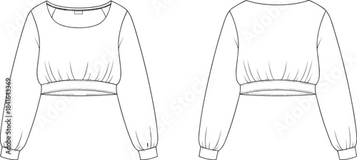 Long sleeve cropped blouse technical fashion flat sketch CAD drawing with gathered hem and cuffs apparel design vector illustration template