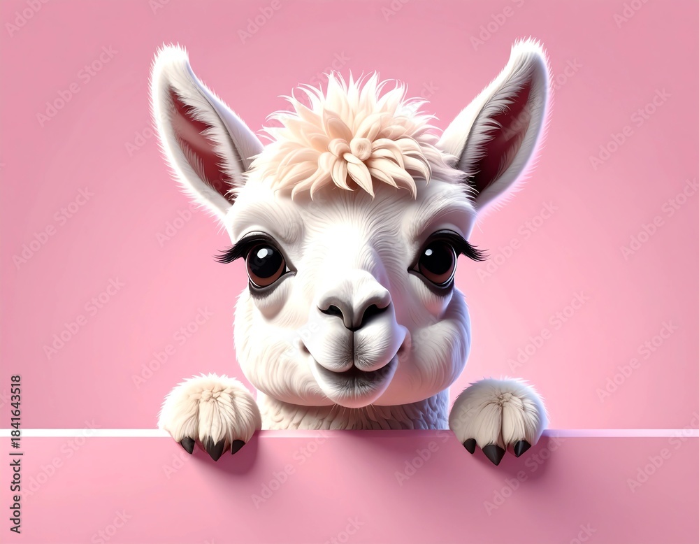 Naklejka premium niedliches Lama mit großen Augen schaut über eine Wand - rosa Hintergrund,