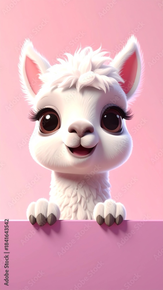 Fototapeta premium niedliches Lama mit großen Augen schaut über eine Wand - rosa Hintergrund,