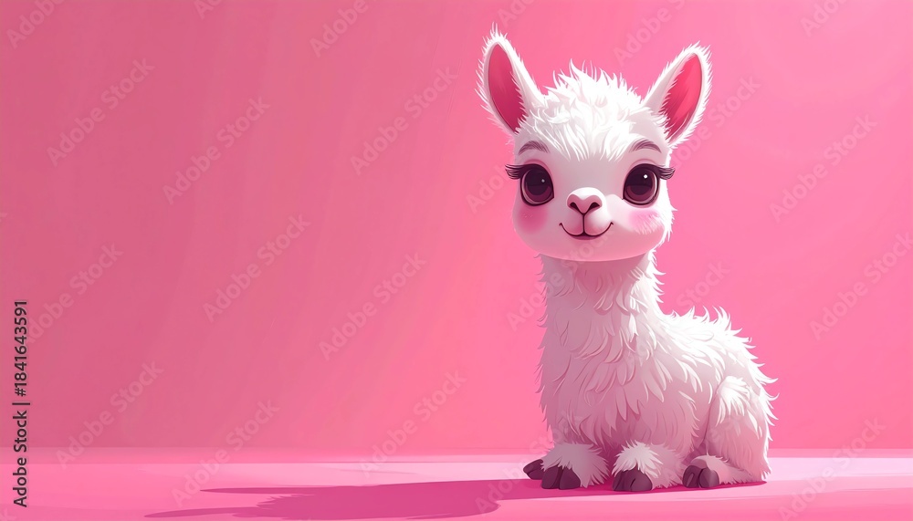 Obraz premium liegendes niedliches Lama mit großen Augen vor einem rosa Hintergrund mit Platz für eigenen Text