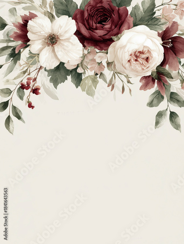 Elegant floral top border with burgundy and cream roses, soft blush flowers and delicate greenery on light background creating romantic botanical composition for wedding invitations and stationery