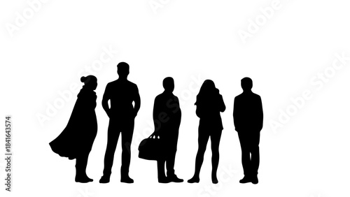 Group of diverse people standing together, vector illustration of individuals in silhouette against a white background