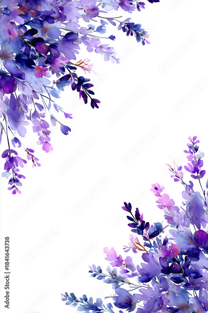 Obraz premium Elegant watercolor floral vertical frame with delicate lavender branches, soft purple blossoms and airy botanical composition creating romantic border for wedding invitations and refined stationery