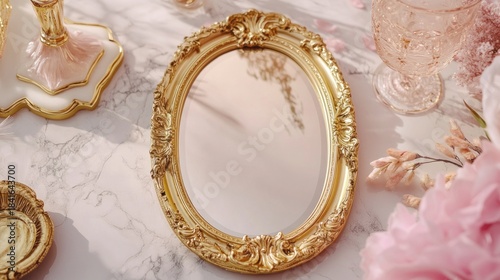 Elegant oval gold mirror on marble with pink flowers home decor