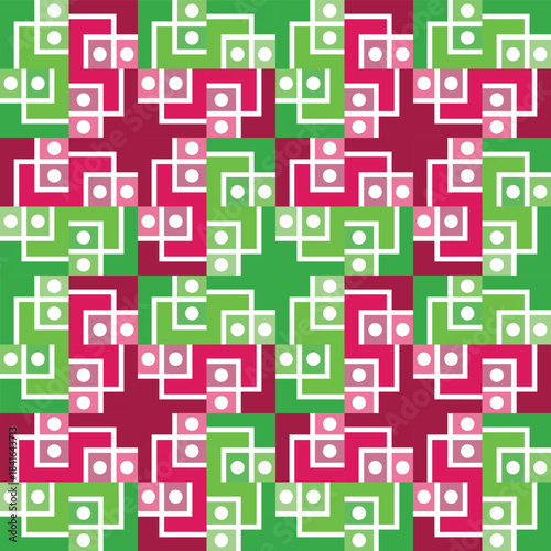 A vibrant geometric maze of looping pink, green, and white shapes forming a playful rhythmic grid with lively abstract motion throughout
