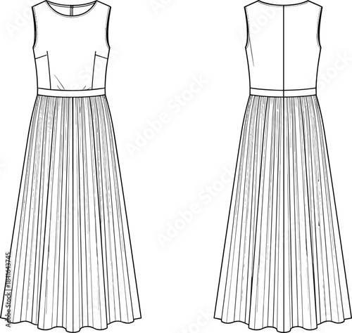 Sleeveless pleated maxi dress design, elegant fashion technical sketch, garment sewing pattern outline, flowing long skirt template, cad drawing flat vector illustration
