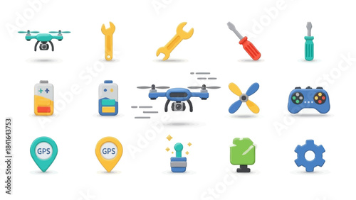 Drone and repair tools icon set for maintenance and flight.