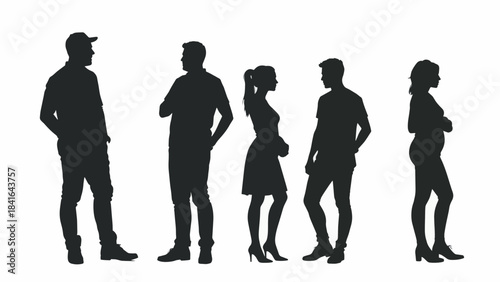 Silhouette vector illustration of a diverse group of people standing side by side, showcasing a range of poses and gender representation