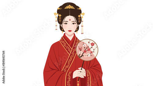 A woman in traditional chinese clothing holding a fan with pink flowers
