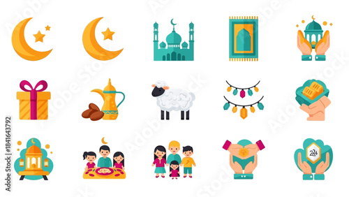 Diverse Collection of Islamic and Eid Celebration Icons Set.