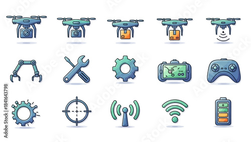 Drone and Robotic Arm Icons Set with Tools and Technology Elements.