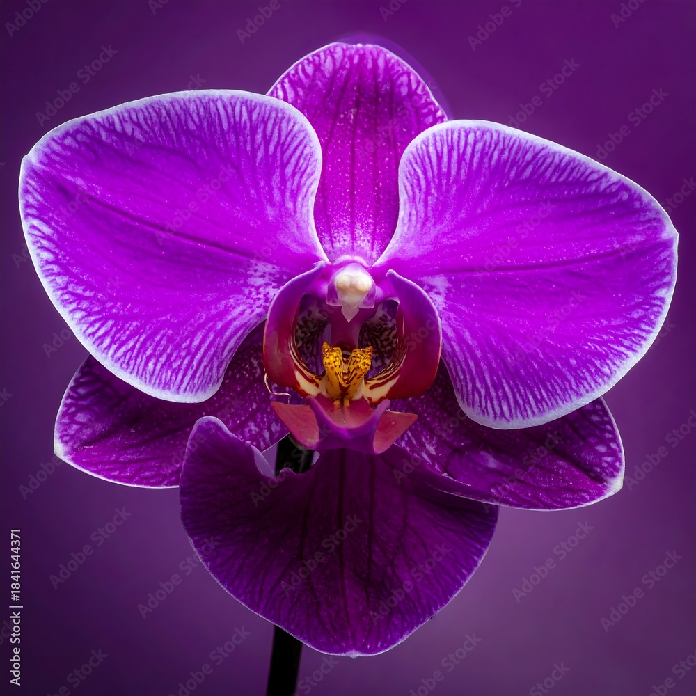 Fototapeta premium A close-up view presents a vibrant purple orchid. Its delicate petals are delicately striped, with a soft white outline. The flower's center has yellow details