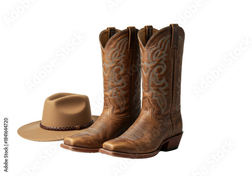 Highly detailed saddle brown distressed leather cowboy boots with intricate stitching and tan felt western hat, clean studio product shot against white background, concept of rugged authenticity