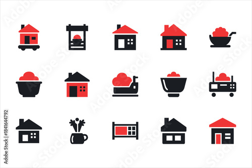 Collection of red and black house and kitchen icons on white background