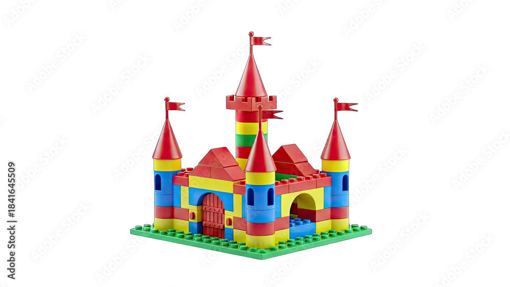 Fototapeta premium Colorful Toy Castle Constructed on White Background