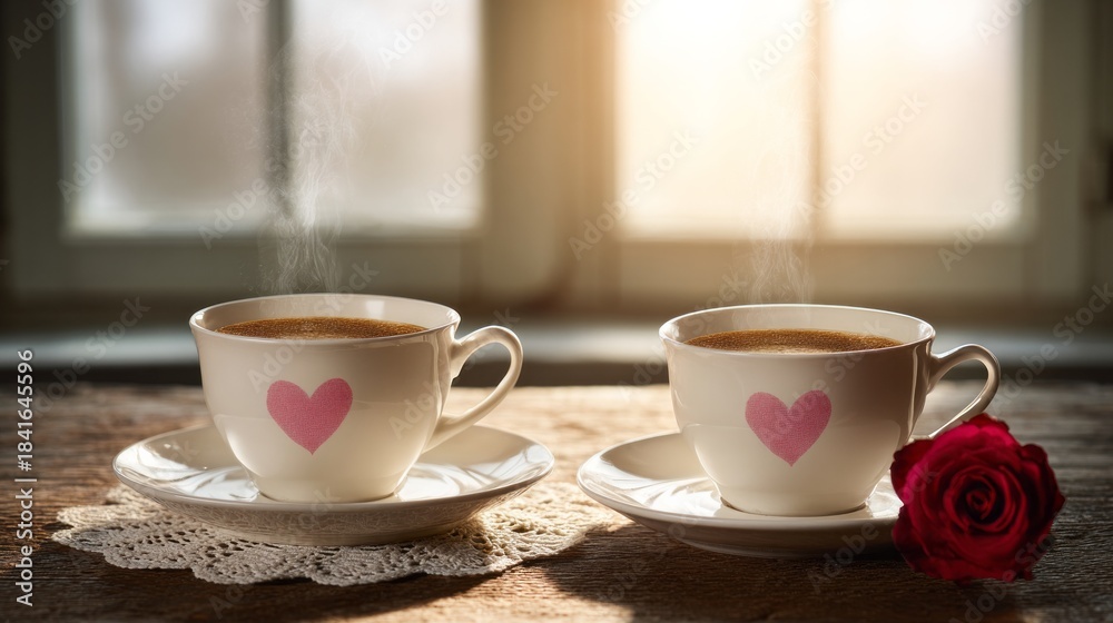 Fototapeta premium Steaming coffee cups with heart symbols and a red rose, celebrating love, romance, and valentine's day morning moments