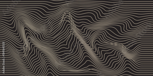 Gold Wood Line Pattern. Abstract Luxury Golden Tree Texture. Vector Black Background with Wave Wooden Abstract Pattern.