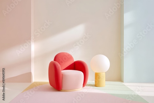 Modern minimalist living room with red lounge chair and artistic lighting