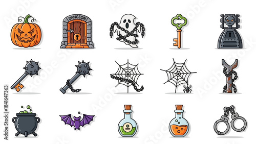 Halloween themed icons set including pumpkin, ghost, spiderweb, bat, and potion bottles.