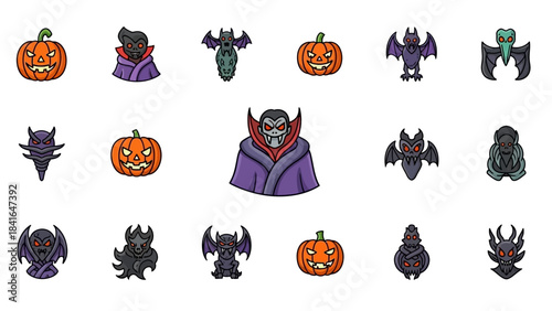 Halloween themed stickers featuring pumpkins, bats, and vampires.