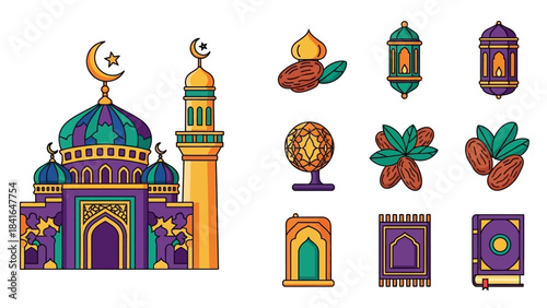 Islamic cultural elements and mosque illustration.