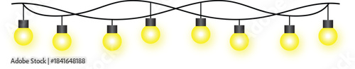 Vector illustration of a decorative string of hanging glowing yellow light bulbs on a black wire cable isolated on white background for festive celebration design