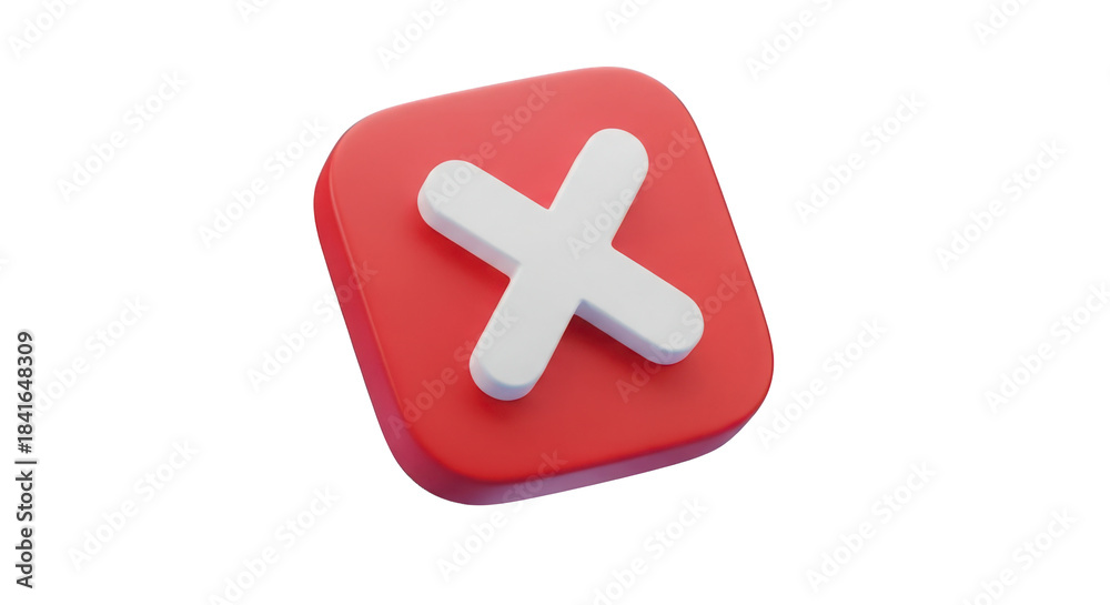 Obraz premium Red square button with a white X symbol in the center isolated on a transparent background