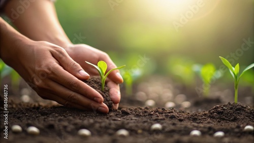Hands planting a seedling in rich soil, symbolizing growth and nurturing in a vibrant, green environment.