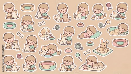 Charming Collection of Cute Cartoon Children Interacting With Adorable Pets, Including Dogs and Cats, Depicting Friendship and Playfulness