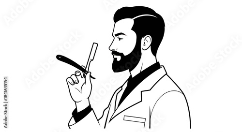 Monochrome barber illustration featuring a man with a beard holding a straight razor