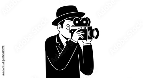 Monochrome depiction of a filmmaker capturing moments with a vintage camera lens