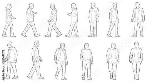 Collection of people walking in various poses and outfits