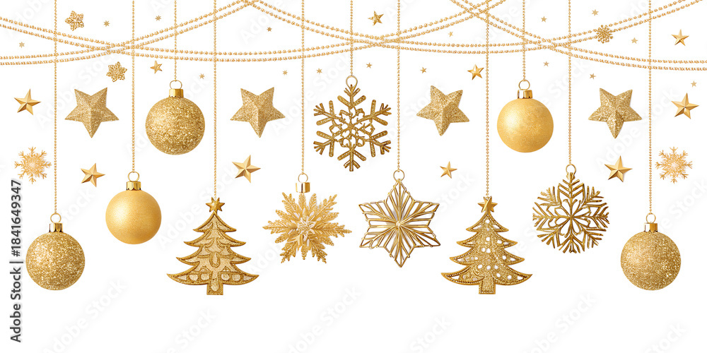 Fototapeta premium Festive PNG banner with shiny gold bunting, flags, stars, garlands. Perfect for New Year, birthday or Christmas party decoration, luxury celebration, or invitation overlay