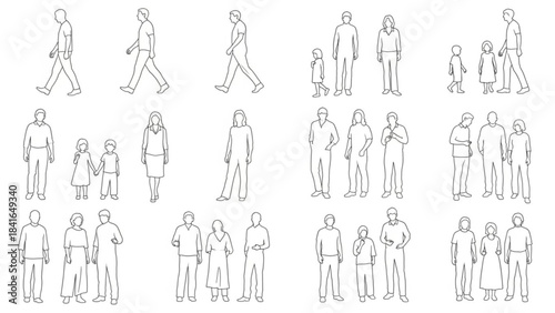 Vector illustration of diverse people standing and walking in various poses