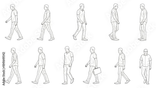 Set of walking people in various poses and outfits in line art style