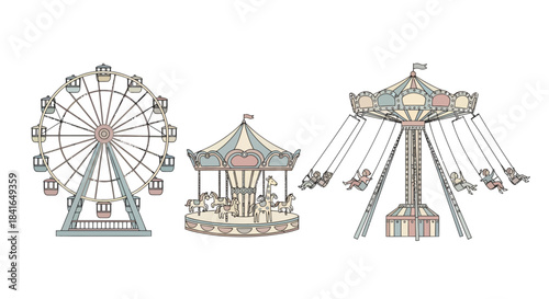 Nostalgic amusement park illustration featuring ferris wheel carousel and wave swinger in pastel